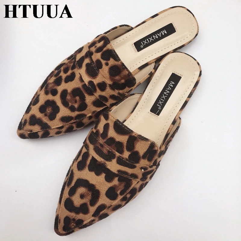 

HTUUA Spring Summer Flat Heel Mules Shoes Women Slippers Faux Suede Leopard Slides Pointed Toe Slip On Shoes Woman Sandal SX2582