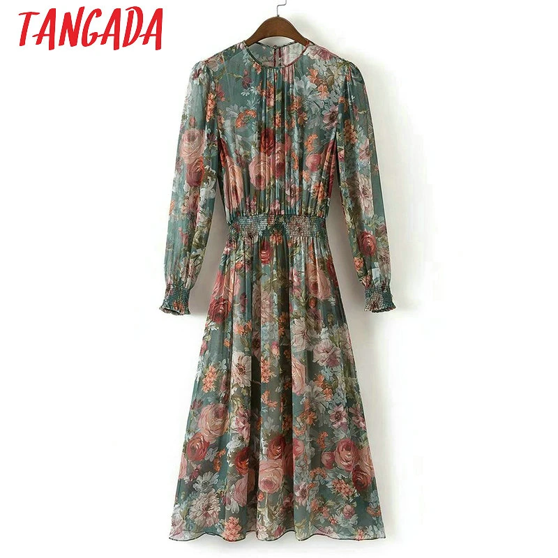 Tangada Fashion Women Floral Print Mid Dress Elastic Waist Long Sleeve O-neck Two Pieces Set Vintage Brand Vestidos XD40 Tangada Fashion Women Floral Print Mid Dress Elastic Waist Long Sleeve O-neck Two Pieces Set Vintage Brand Vestidos XD40