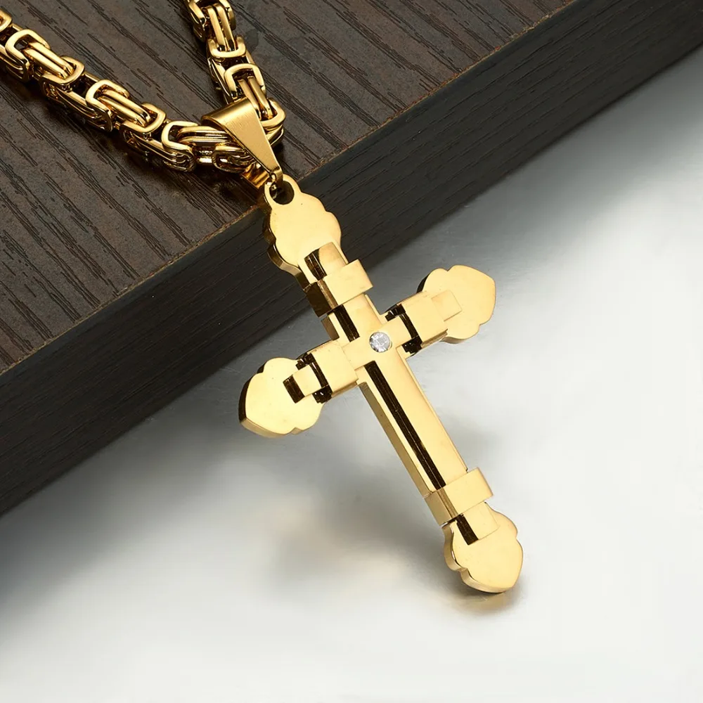 Полированное ожерелье с подвеской в виде Креста для мужчин и женщин, нержавеющая сталь, серебро, золото, черный тон, 5 мм, византийская цепочка, ювелирное изделие