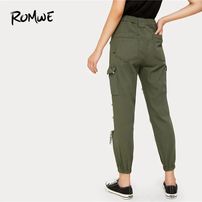 ROMWE, армейский зеленый, высокая талия, уличная, рваные, укороченные джинсы, женские, на пуговицах, с карманами, с деталями, однотонные, летние, Карго, джинсовые штаны
