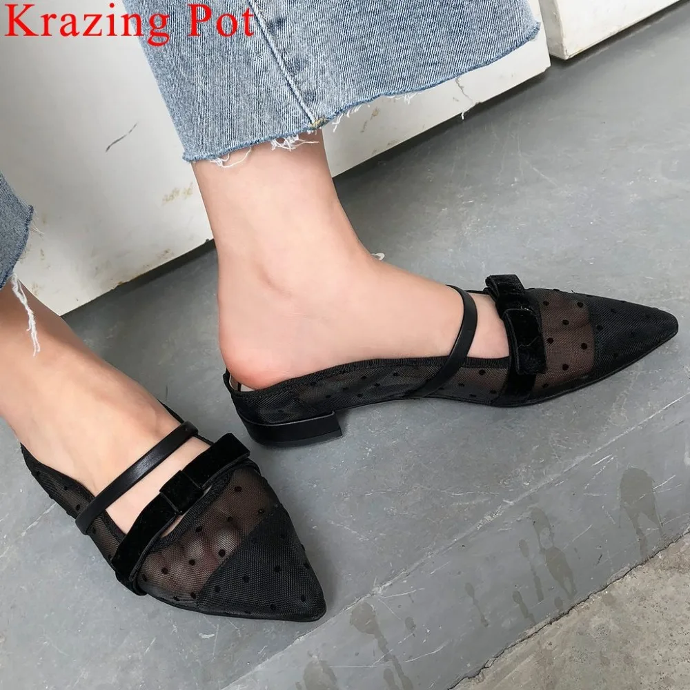 

Krazing Pot Sweet princess style sun protection mesh pointed toe butterfly-knot slip on mules natural leather party slippers L22