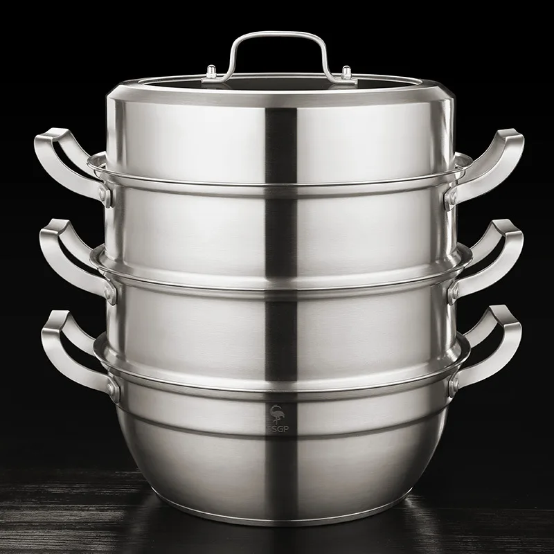 

304 Stainless Steel Steaming Pot Thickening Soup Pot Multi-Layer Steam Pot with Cover General Use for Gas and Induction Cooker