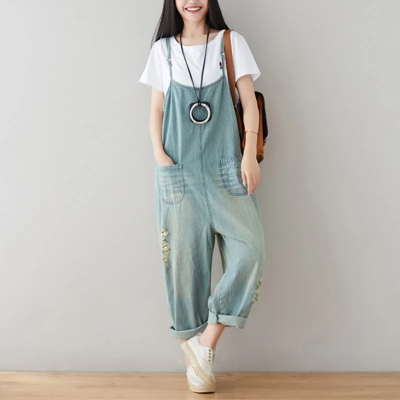 

Women Loose Bleached Holes Ripped Denim Jumpsuit Pants Overalls Ladies Scratched Loose Denim Trousers Rompers 2019
