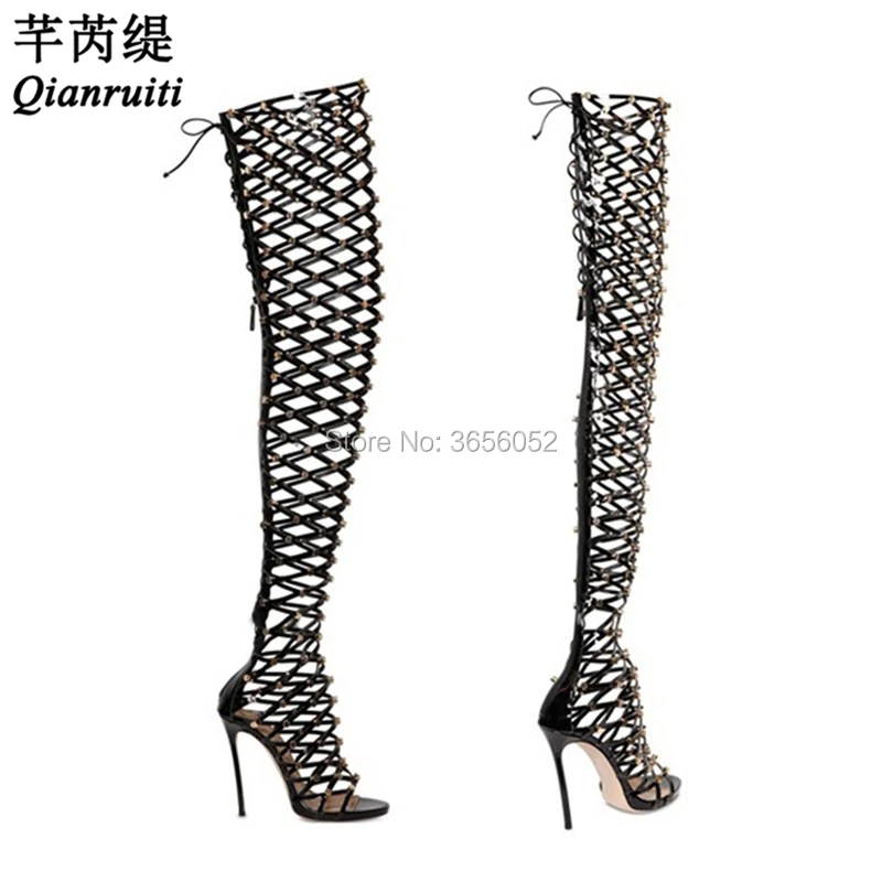 Qianruit Sexy Laser-cut Rivets Studded Ladies Shoes Stiletto High Heels Long Gladiator Sandals Lace Up Thigh Boots Summer | Обувь