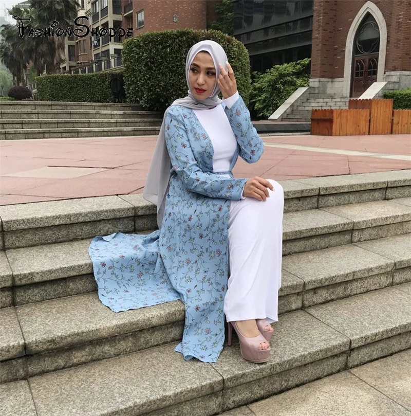 

Elegant Muslim Abaya Print Floral Maxi Dress Split Cardigan Tunic Robe Gowns Festival Ramadan Worship Service Islamic Clothing