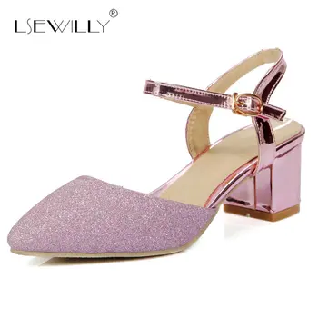 

Lsewilly Women Slingback Sandals Buckle Thick Heel Shoes 2018 Summer Office Lady Pointed Toe Bling Bling Women Sandals S377