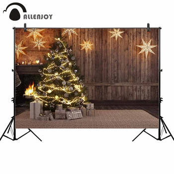 

Allenjoy background photocall wooden wall gifts under christmas tree glitter lights stars fireplace photo backdrop wall-papers