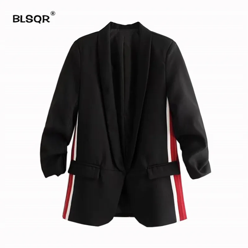 BLSQR Для женщин Элегантный боковой полосой Блейзер Пальто три четверти рукав черный костюм Блейзер Офисные женские туфли верхняя одежда