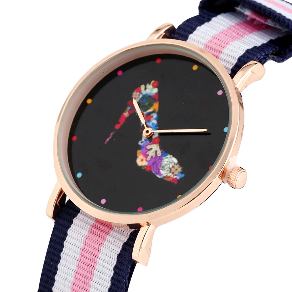 

Women's Watch Mixed Color Nylon Strap Watch for Ladies Coloured High-heeled Shoe Pattern Quartz Wristwatch