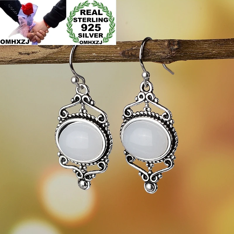 

OMHXZJ Wholesale European Fashion Woman Girl Party Birthday Wedding Gift Vintage Oval Moonstone Tai Silver Drop Earrings EA511