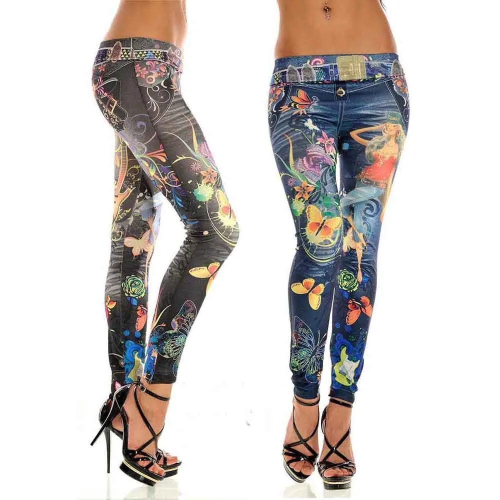 

Feitong Sexy Womens Skinny Blue Jean Graffiti Pattern Painting Denim Leggings Stretchy Jeggings Pants