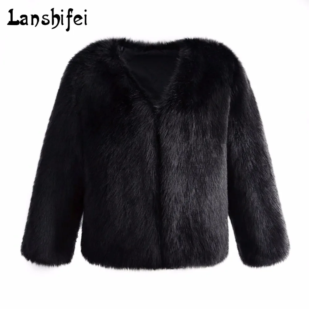 New Women Winter Black Fluffy Fur Coat Fluffy Thick Warm Long Sleeve