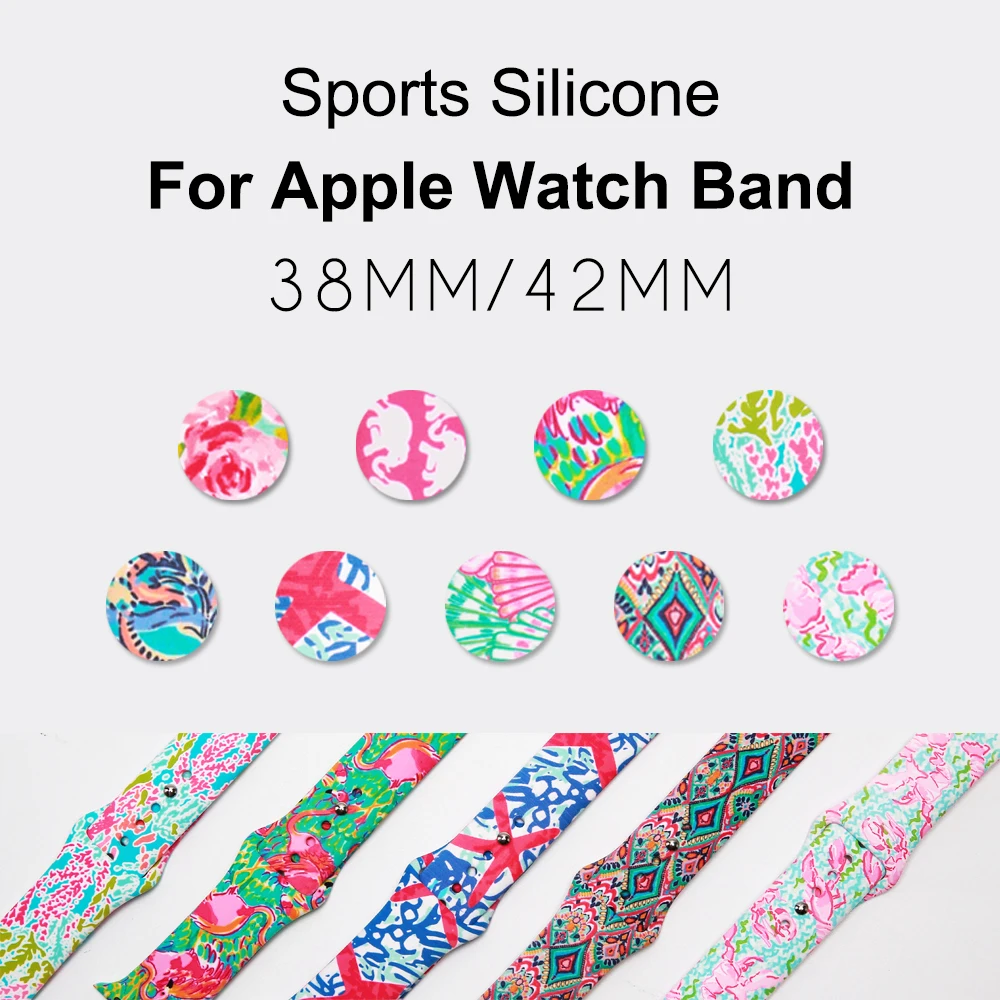 

flowers print Silicone Replacement Colorful Sport Band For Apple Watch Series 3/2/1 38mm 42mm Strap For iWatch Sports Edition