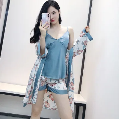 lake blue 3pcs Daeyard, шелковые пижамы для женщин, цветочный контрастный цвет, пижамный комплект, лето, пижамы, атласная одежда для сна, женская пижама из 2 частей с v-образным вырезом - Цвет: lake blue 3pcs