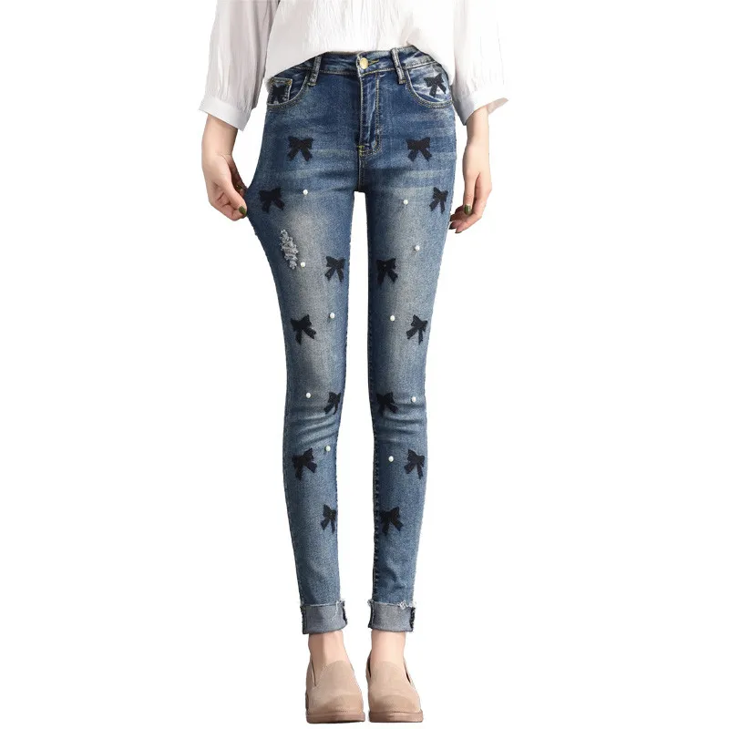 

Vintage Pearl Blue High Waist Jeans Female Casual Slim Was Thin Elasticity Pants Winter 2018 Embroidery Denim Pants Women