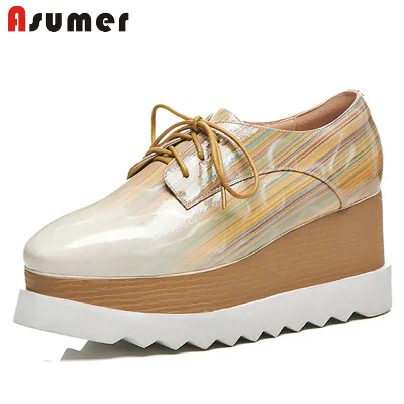 

ASUMER BIG SIZE 33-42 2018 NEW fashion quality PU pumps women square toe wedges lace up spring autumn shoes casual shoes