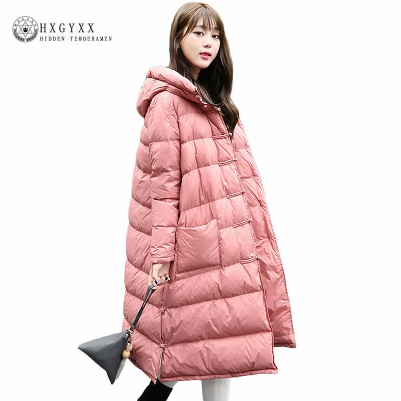 

X-long Loose Duck Down Woman Coat Winter 2019 Frog Button Quilted Outwear Coat Plus Size Puffer Jacket Solid Hooded Parka Okb93