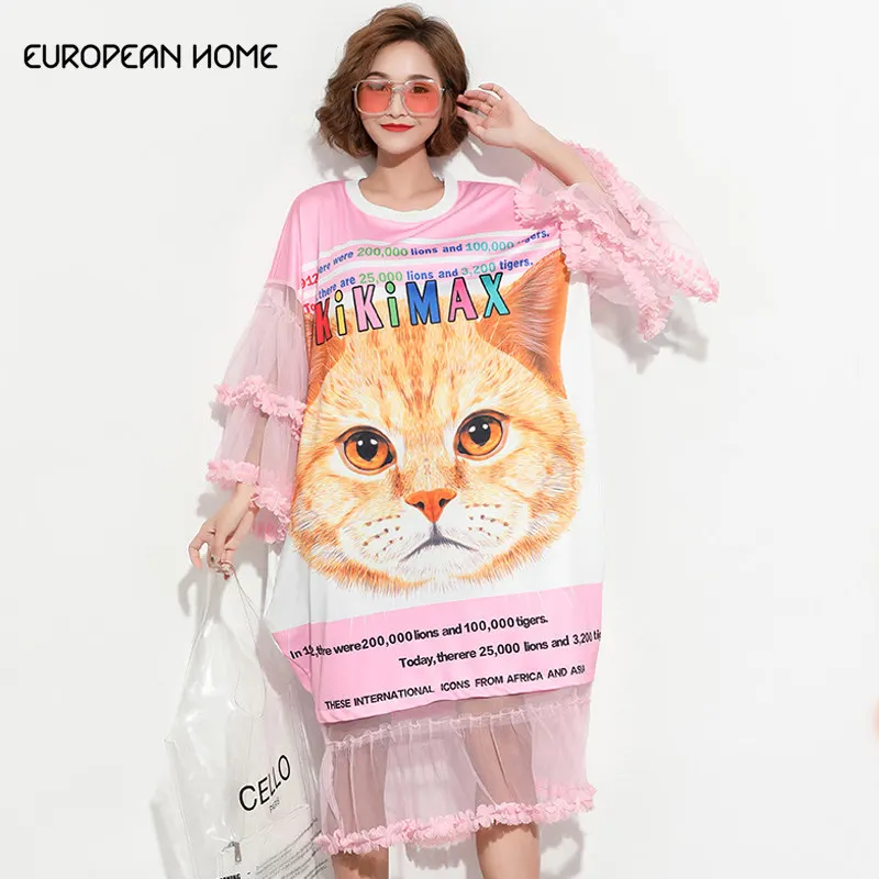 

Fashion Dress Women plus size 100 kg wear Loose Summer Dress 2019 Cartoon Cat Print Mesh New Arrival T shirt women Dresses 907