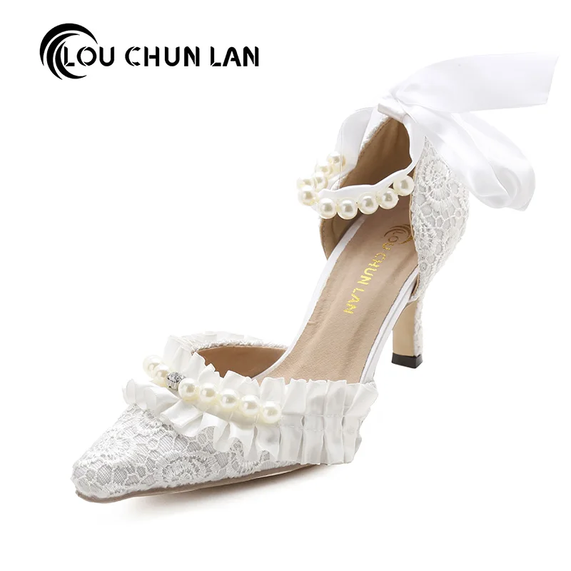 

LOUCHUNLAN Women Shoes Pumps Wedding Shoes Lace Pearl Bridal Shoes med Heeled Ruffles Ankle Wristband Female 41 square toe
