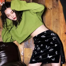 Harajuku Винтаж ins горячая бабочка печати узор высокая талия женские черные бархатные корейские зимние мини юбки повязная юбка