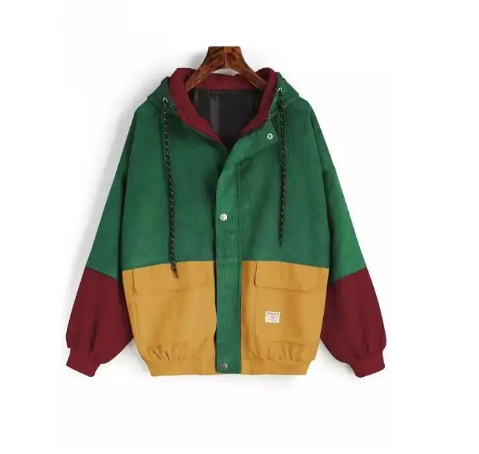 

Winter new hit color Patched Pocket hooded loose Corduroy jacket