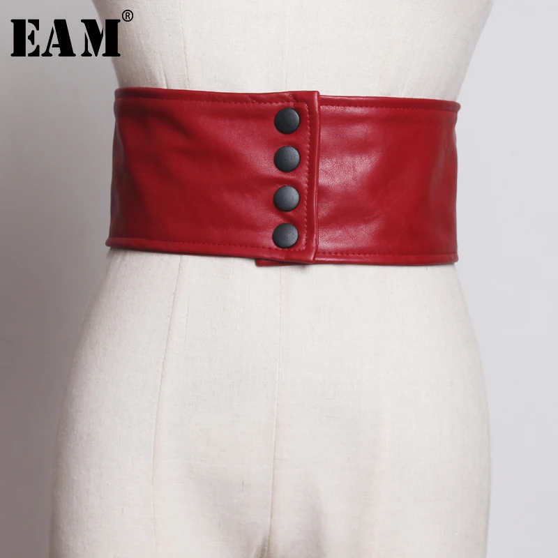 

[EAM] 2019 New Spring Summer Pu Leather Black Button High Elastic Personality Wide Belt Women Fashion Tide All-match JS644