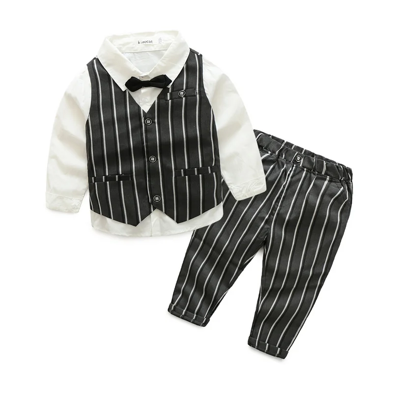 New Formal Baby Boys Suit White Long Sleeve Black Bow Tops Shirt + Striped Vest +Pants 3Pcs Gentleman Kids Clothes Sets 