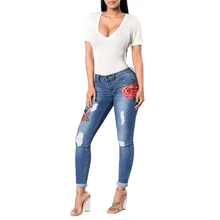 Женские узкие джинсы с цветочной вышивкой, обтягивающие рваные джинсы с высокой талией, эластичные цветочные джинсы, узкие брюки