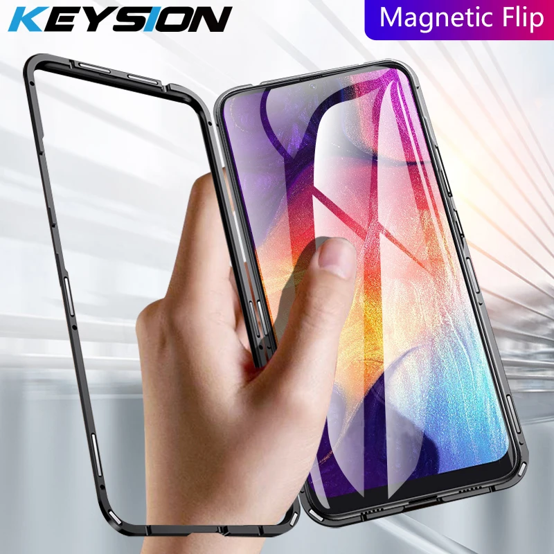 

KEYSION Magnetic Phone Case for Samsung Galaxy A50 A30 A70 Transparent Tempered Glass + Metal hard back Cover for M10 M20 M30