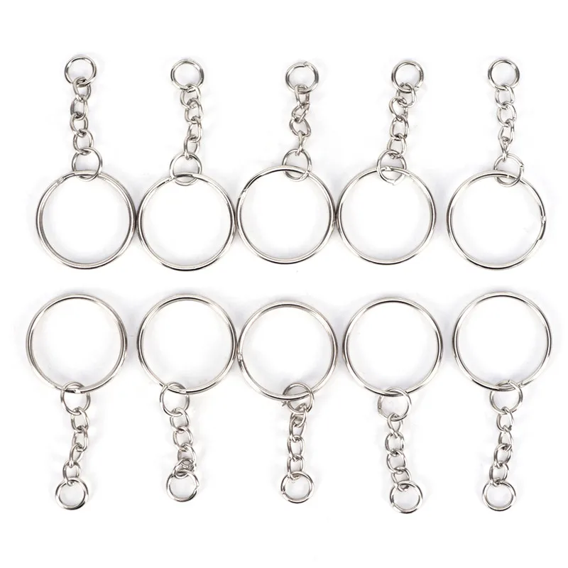 Split Ring with Short Chain Key Rings Polished Silver Color Women Men DIY Key Chains Accessories 25mm Keyring Keychain 50pcs