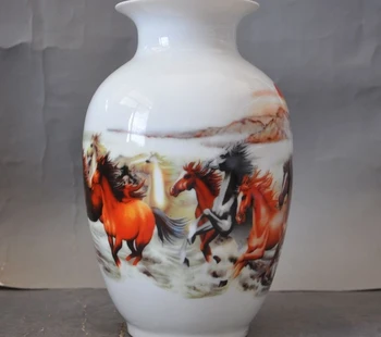 

Marked China Wucai Porcelain Fengshui Success 8 Horse Statue jar Bottle Pot Vase
