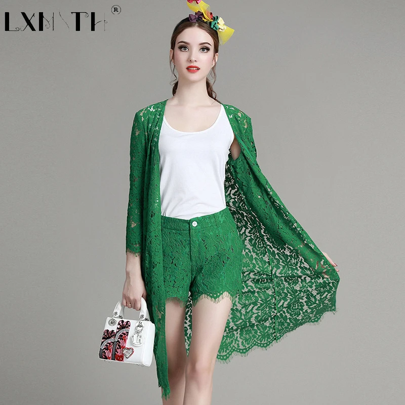 

Shipping Today Lace Suits For Women Slim 3 Piece Set Women Cardigan+Camisoles+Shorts Hollow Out Female Set Solid Ladies Suit 2XL