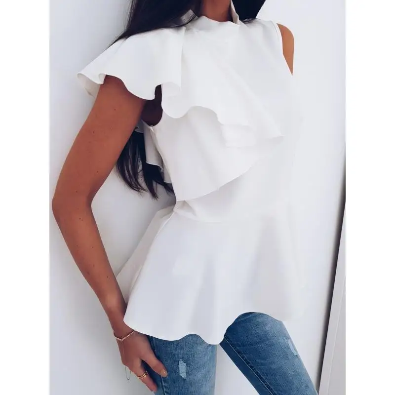 

2019 Summer Blusas Women Elegant Blouse Sexy O Neck Sleeveless Ruffles Shirts Casual Slim Office Lady Tee Tops WS7669C