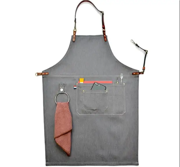 

Luxury Gray Denim Apron Real Leather Strap Barber Florist Bartender Apron Chef Uniform Cafe Shop Carpenter Salon Cook Workwear