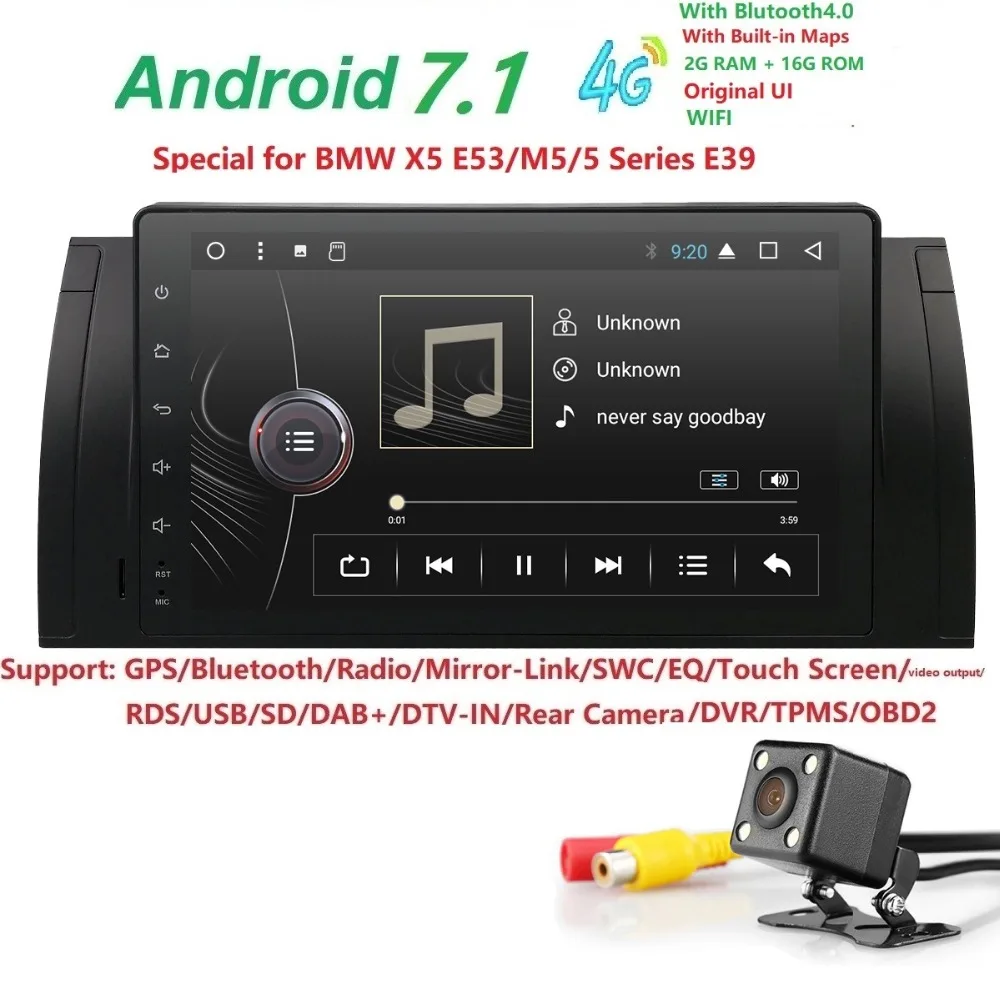 

9 inch 1024x600 HD Touch Screen 1 din Android9.0 Car Multimedia Radio Stereo for BMW E39 E53 X5 Wifi 4G Bluetooth DVR RDS USB BT