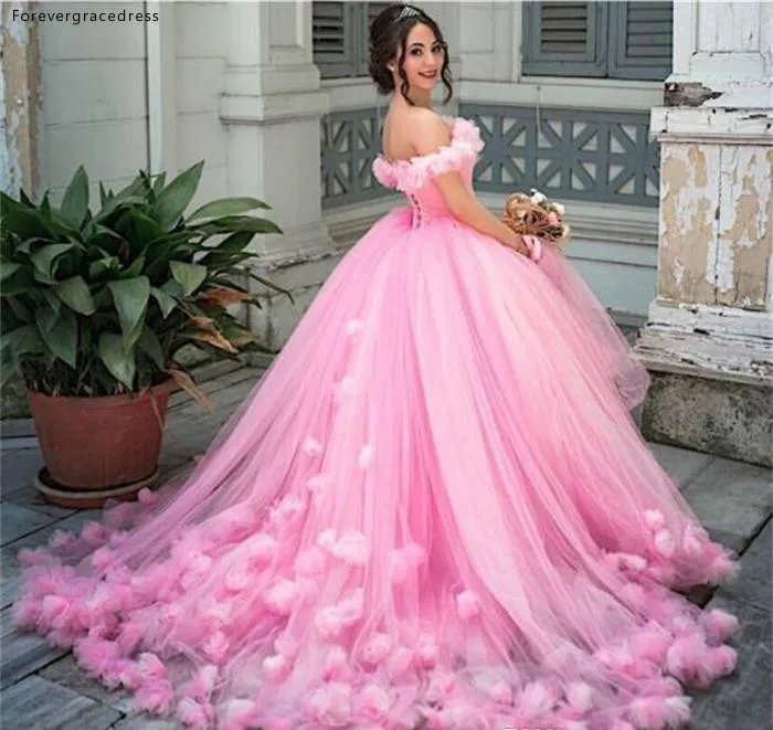 2019 New Pink Quinceanera Dresses Off Shoulder Ball Gown Hand Made Flowers Sweet 16 Sweep Train Plus Size Party Dress Prom Evening Gowns  187 (4)