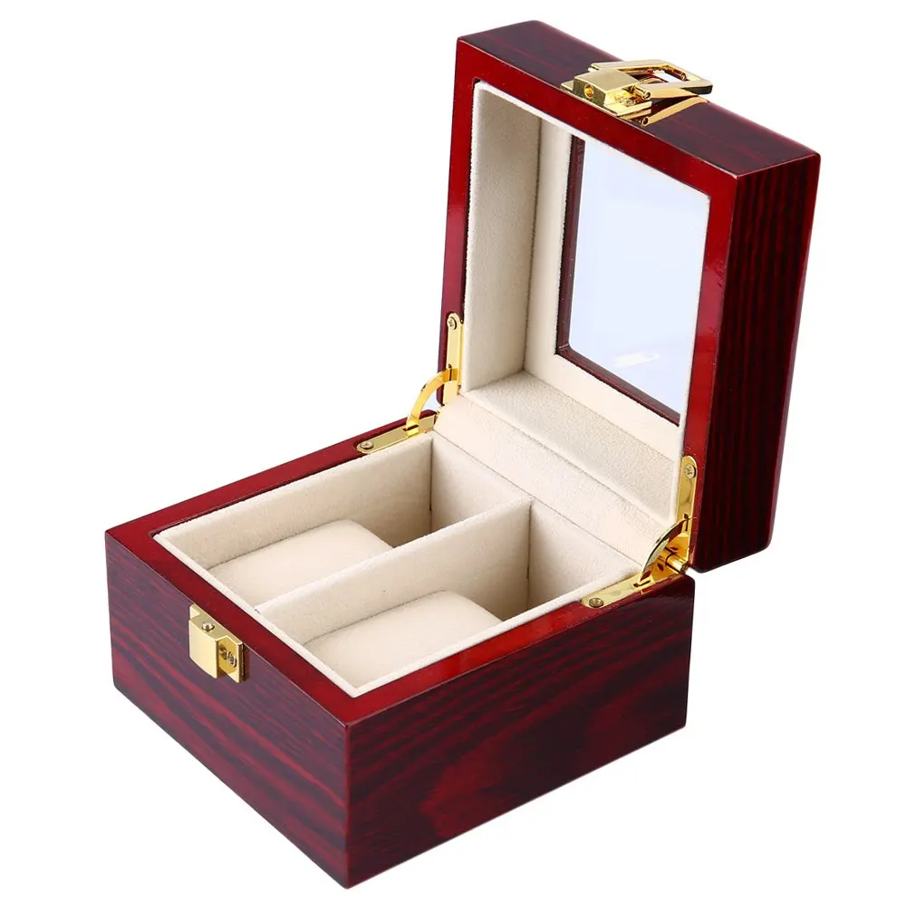 

2 Grids Wooden Watch Case Flipping Transparent Cover Jewelry Box Organizer