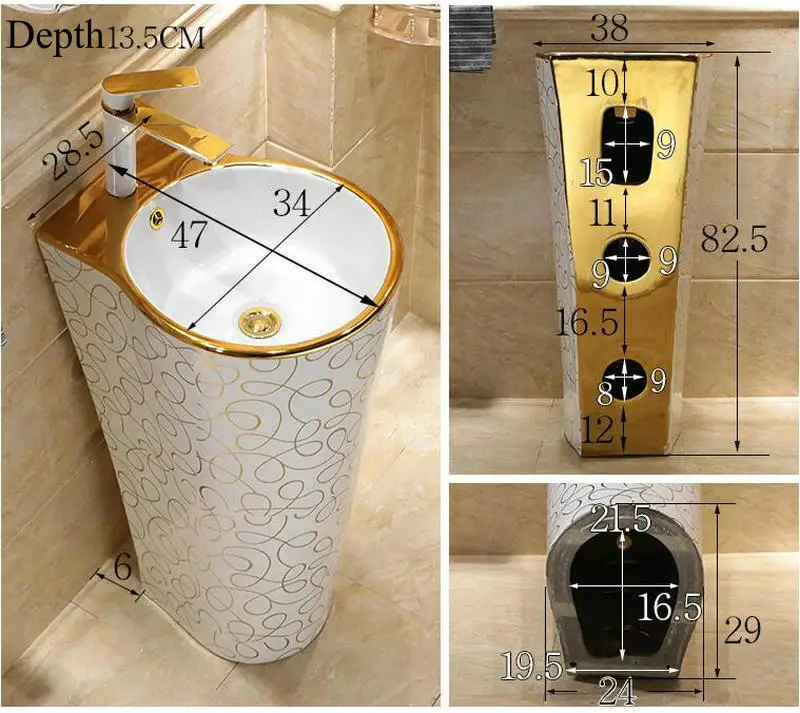 Mosaic Gold Stylish Round Pedestal Sink Ceramic Bathroom Sink With