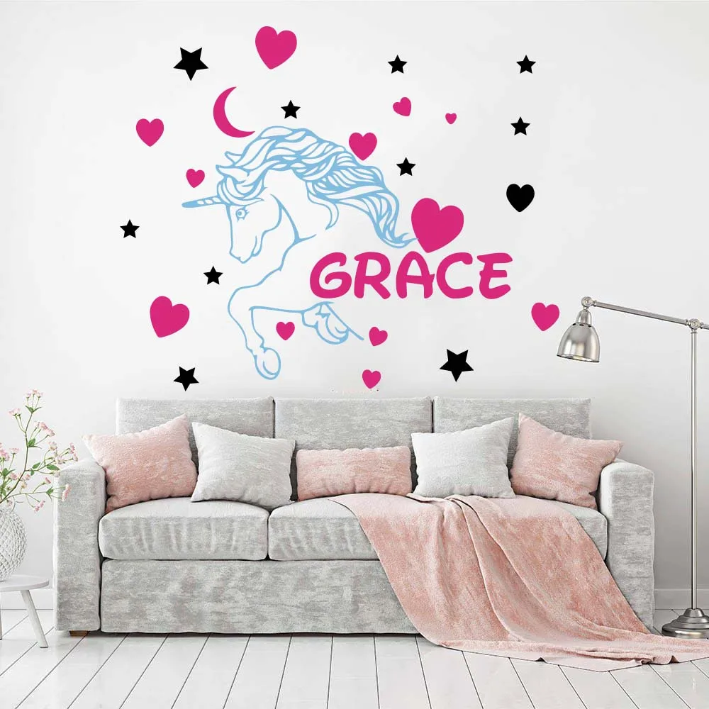 Пользовательское имя единорог лошадь наклейка на стену в виде сердца Девушка