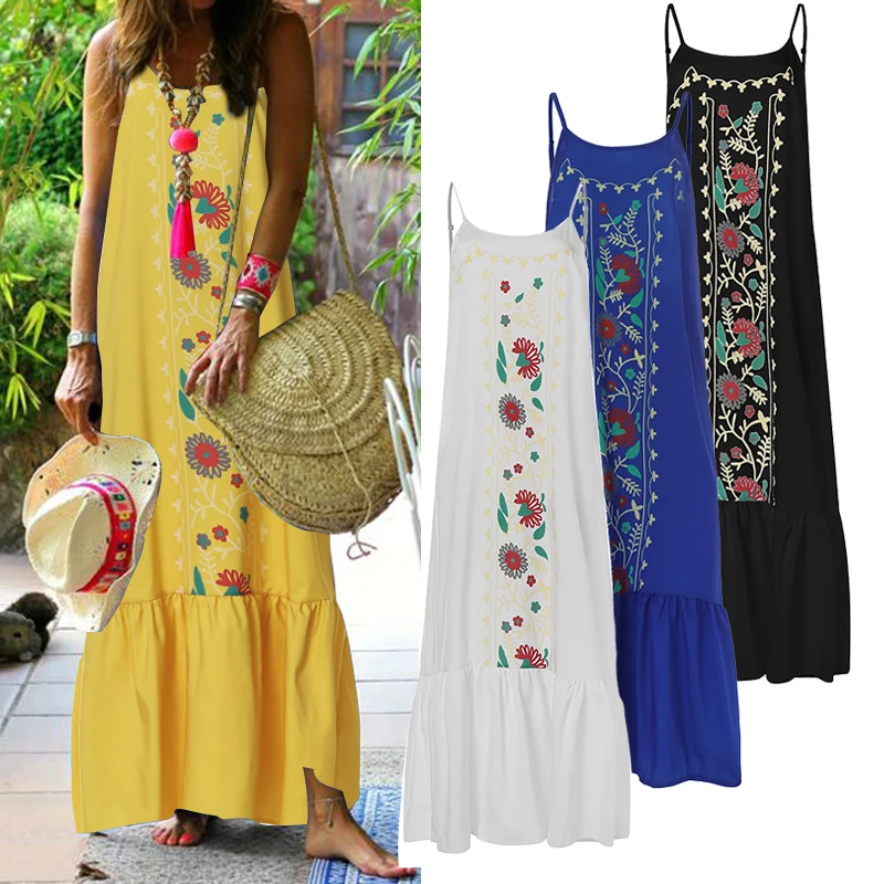 

Bohemian Print Maxi Dress 2019 ZANZEA Women Summer Sundress Fashion Spaghetti Strap Ruffle Dress Female Vestidos Plus Robe Femme