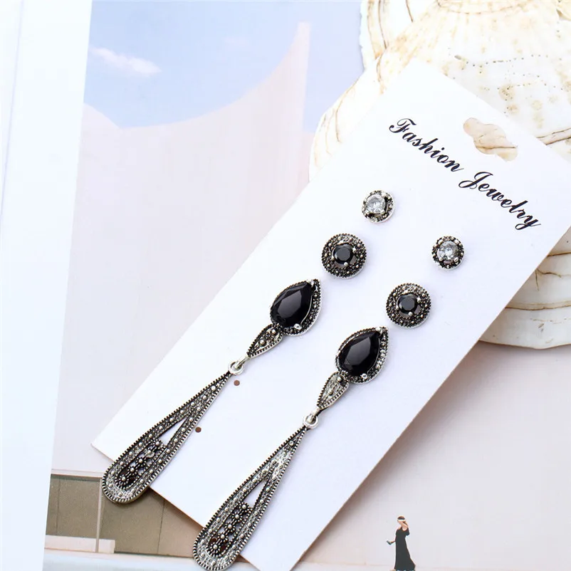 2018 Trendy stud earrings for Women Bohemia Black Long Retro Zircon 4 Pair Stud Earrings Set Combination Brincos J04#N (10)