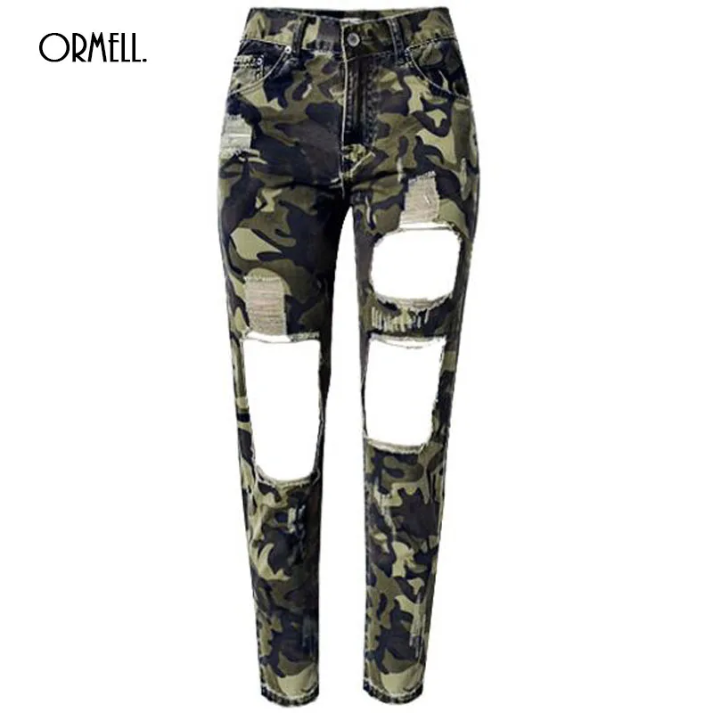 Ormell Для женщин джинсы скинни, карандаш штаны с дырками джинсовые рваные камуфляжные женские облегающие брюки летние леггинсы модель из высокоэластичного трикотажа