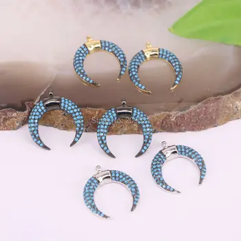 

10Pcs Micro Pave Setting Blue CZ Double Horns Crescent Pendant For Making Jewelry