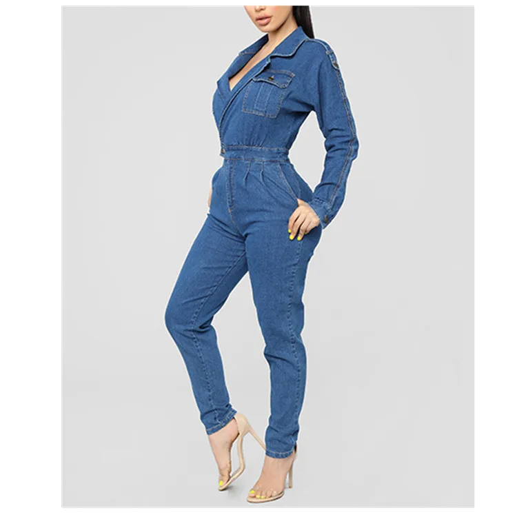 

2019 Vintage Blue Jeans Jumpsuit Turn Down Collar Long Sleeve Denim Rompers Women Casual Bodysuits Overalls