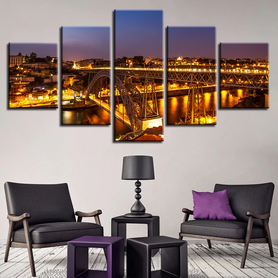 

Poster For Living Room Cuadros Modular Picture 5 Panel City Night View Bridge HD Print Framework Canvas Paintings Wall Art