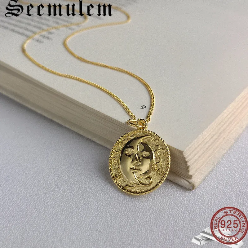 

Seemulem 2019 New Creative Sun Moon Pendant Necklace Women Sterling Silver Jewelry Female Retro Round Coin Statement Necklaces