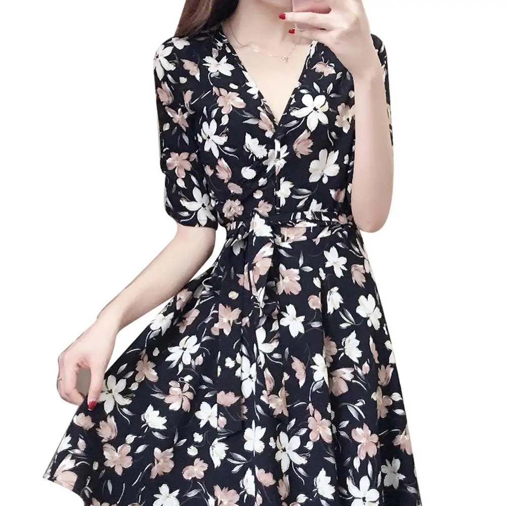 

Dress On The Smell Summer 2019 Summer Fashion Women Party Flower Print V Neck Short Sleeve Belted Mini Dress