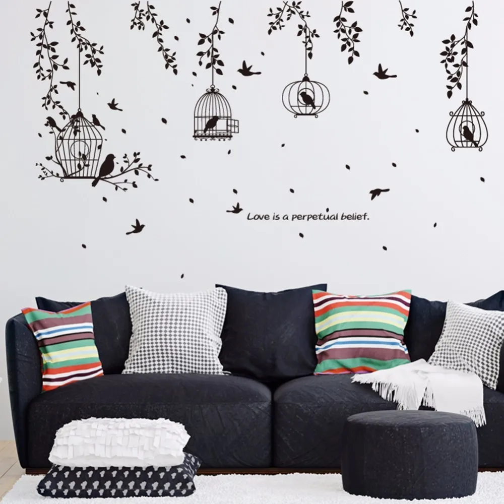 

Black Bird Cage and Leaves Silhouette Patterns PVC Wall Stickers TV Background Wall Stickers Decorative Dining Hall Dormitory