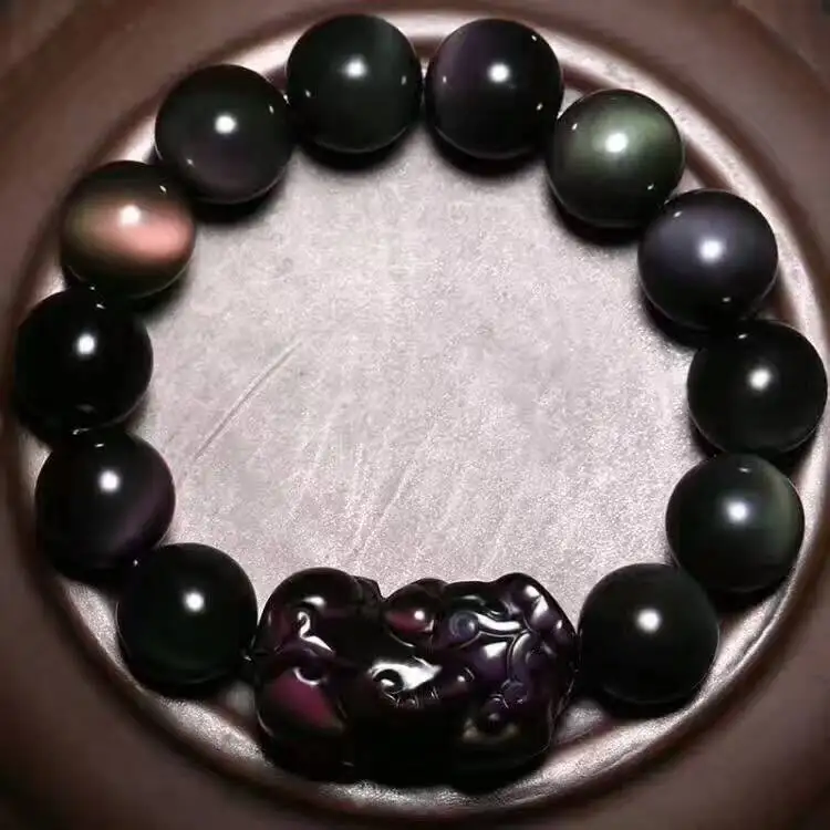 

Natural Black Obsidian Rainbow pixiu Round Beads Stretch Bracelet AAAA stone