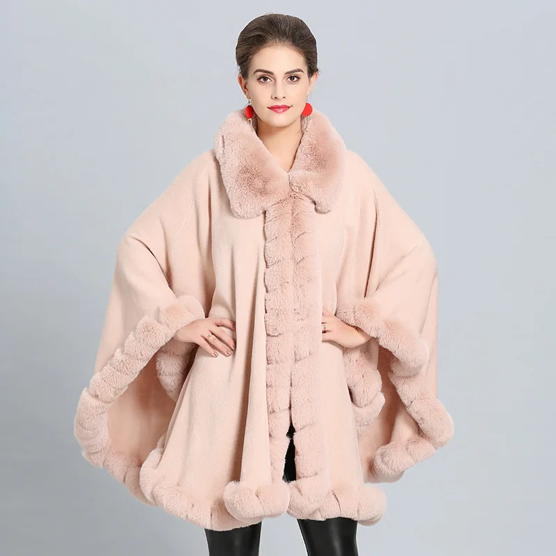 Зимний плащ из искусственного кашемира, теплое толстое пальто размера плюс, пончо для женщин, однотонный искусственный мех, накидка на шею, большой маятниковый кардиган «Ласточкин хвост»